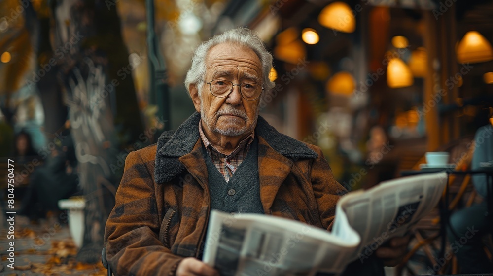 An image of an old man drinking coffee while reading the newspaper.