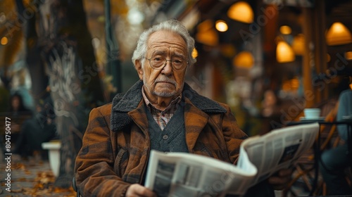 An image of an old man drinking coffee while reading the newspaper.