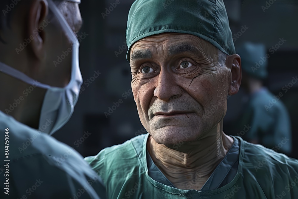 Portrait of an experienced surgeon in his 60s, wearing green scrubs and a surgical cap Portrait of an experienced surgeon in his 60s, wearing green scrubs and a surgical cap