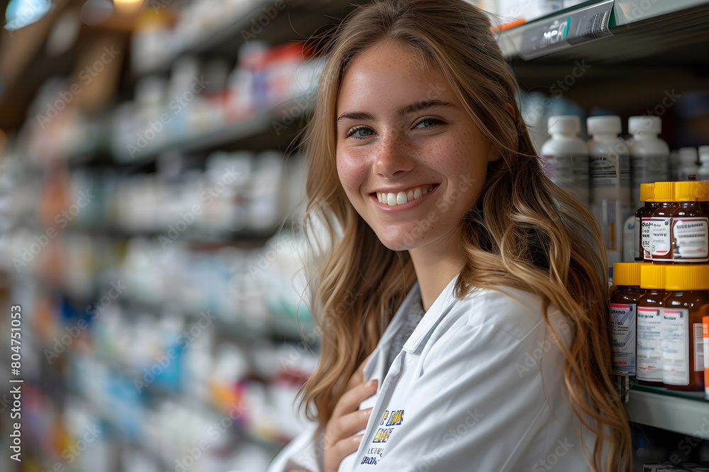 young  woman pharmacist smiling confidently standing at the pharmacy