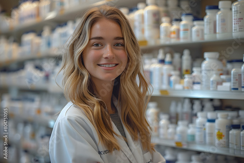 young woman pharmacist smiling confidently standing at the pharmacy