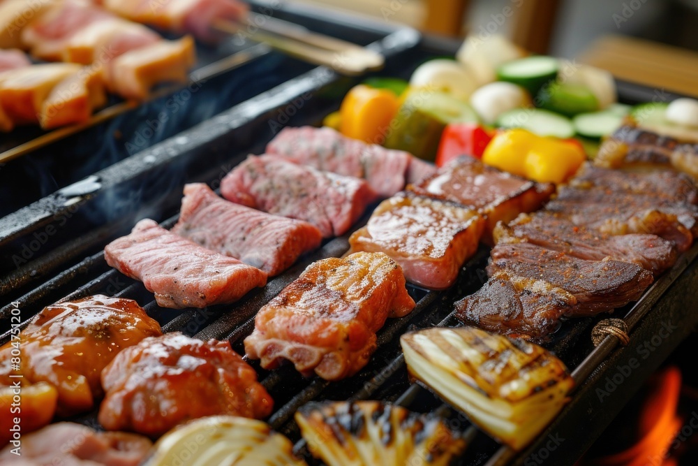 Colorful Barbecue table meat vegetables. Steak menu. Generate Ai