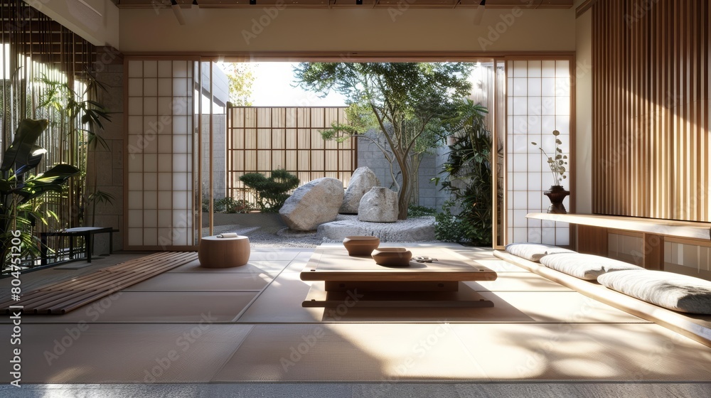 A beautiful living room with a Japanese-inspired design A beautiful living room with a Japanese-inspired design