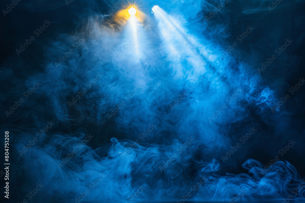 Royal blue smoke wafts over a stage under a sun-yellow spotlight, casting a warm glow against a deep navy background.