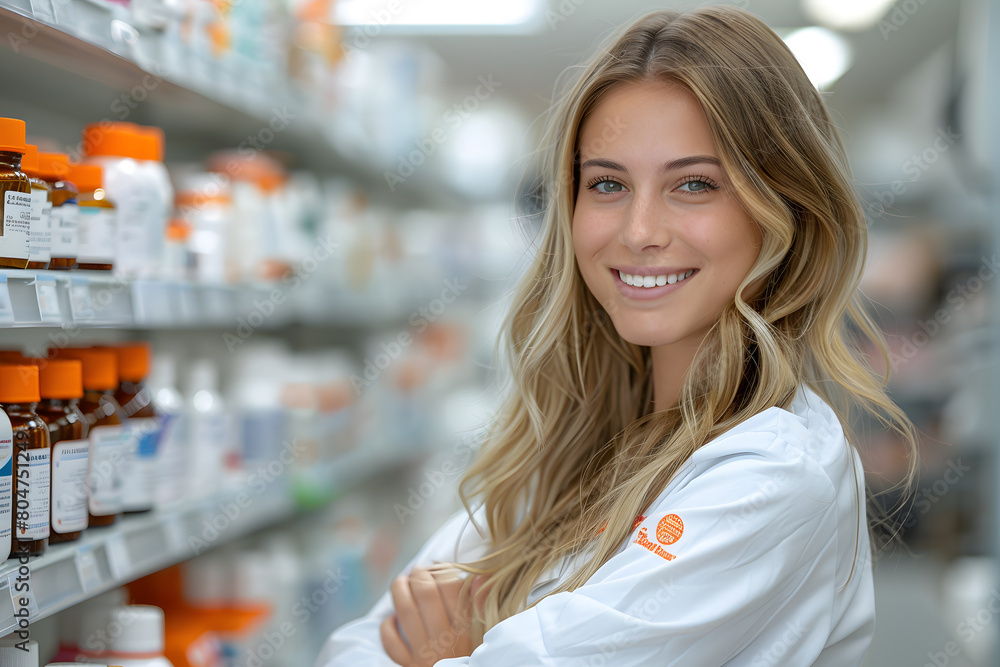young  woman pharmacist smiling confidently standing at the pharmacy