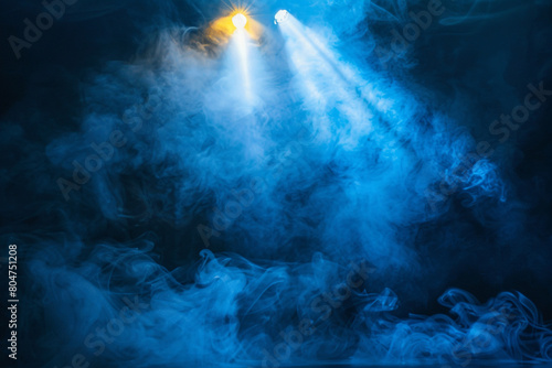 Royal blue smoke wafts over a stage under a sun-yellow spotlight, casting a warm glow against a deep navy background. © Farah