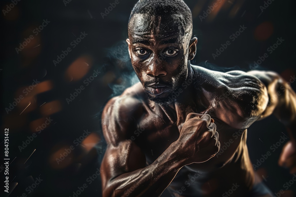 A muscular African-American man with sweat on his face and body is running with determination. He is wearing only black shorts. The background is dark with a spotlight on him. A muscular African-American man with sweat on his face and body is running with determination. He is wearing only black shorts. The background is dark with a spotlight on him.