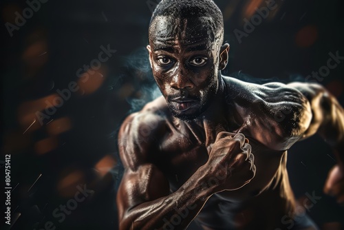 A muscular African-American man with sweat on his face and body is running with determination. He is wearing only black shorts. The background is dark with a spotlight on him.