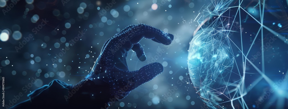 A hand reaches out to touch a glowing blue globe. The hand is covered in a black glove. The globe is made up of a network of glowing blue lines. A hand reaches out to touch a glowing blue globe. The hand is covered in a black glove. The globe is made up of a network of glowing blue lines.