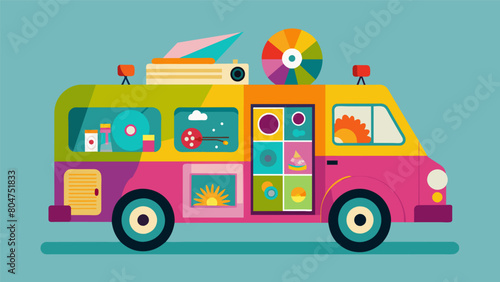 A vibrant and eclectic mobile vinyl van decorated with a mishmash of stickers and boasting a highquality record player touring through various arts Vector illustration