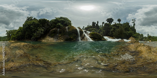 Rapid water flowing over the bedrocks in Aliwagwag Falls. Mindanao  Philippines. VR 360.