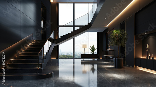 Sleek entrance hall in dark charcoal  featuring a modern staircase and panoramic windows in an upscale American home.