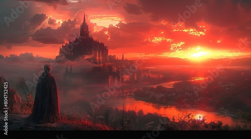 A medieval castle under the sunset, with red and orange tones in a digital art style. A man wearing dark stands outside of i