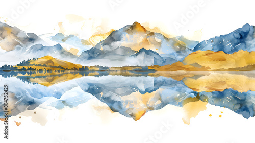 Watercolor landscape depicting a serene mountain range with its reflection mirrored in a still lake, creating a sense of peace and tranquility photo
