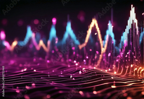 'rendering 3d equalizer background waves musical sound showing music abstract datum wave big voice audio beat digital analysis future grid code sonic binary canvasses black blue blur bokeh' photo