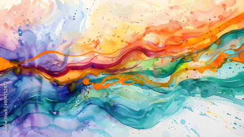 A painting of a rainbow with a blue line in the middle. The painting is full of color and has a happy, uplifting mood photo