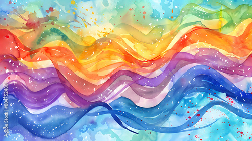 Wallpaper Mural Vibrant watercolor painting featuring flowing waves of color in a rainbow spectrum, speckled with playful paint splatters Torontodigital.ca