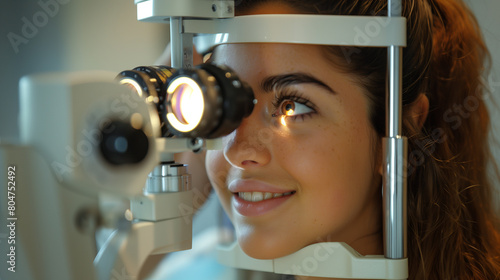 Close-up of a young woman undergoing an eye examination with an ophthalmic device, showcasing detailed medical technology. photo