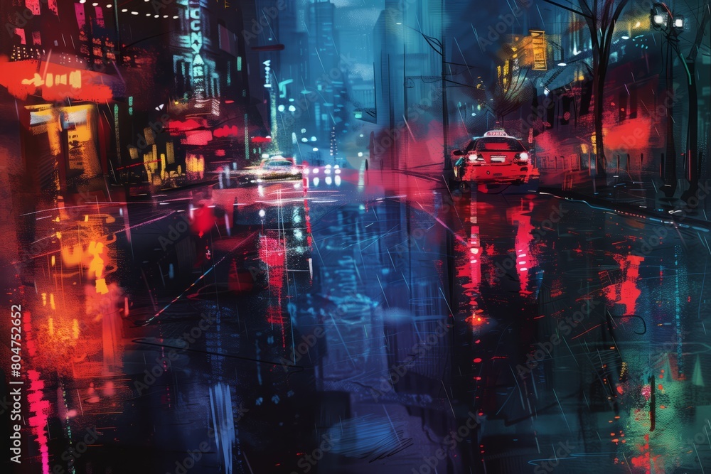 Vibrant cityscape at night with reflections on wet streets. Night city in rain, reflections on wet asphalt, noir atmosphere.