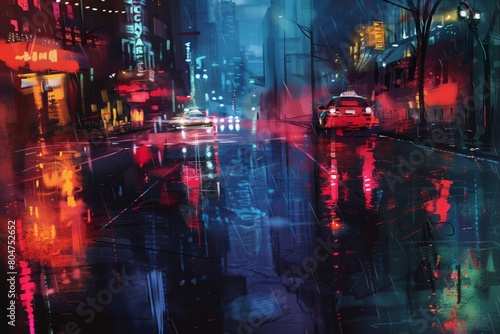 Vibrant cityscape at night with reflections on wet streets. Night city in rain  reflections on wet asphalt  noir atmosphere.