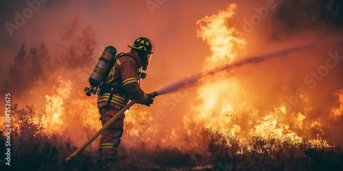 Dramatic image of a firefighter battling a fierce wildfire, with intense orange flames engulfing the forest under a smoky sky.