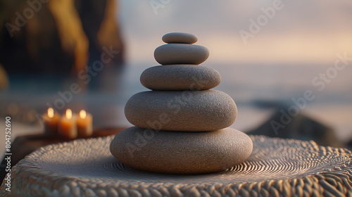 A tranquil stack of smooth stones forms a cairn at sunset  complemented by flickering candles  symbolizing peace and meditation by the sea - Generative AI