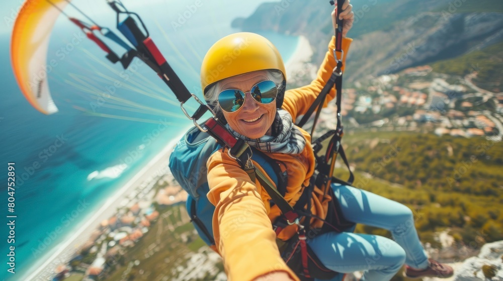 grandmother paragliding on a paradisiacal beach in summer. vacation, travel concept