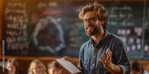 Engaging male teacher with glasses and a cheerful smile teaching in a classroom with a blackboard in the background