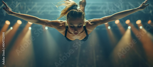 Dynamic aerial shot of a female circus performer executing a breathtaking dive, illuminated by dramatic stage lighting. photo