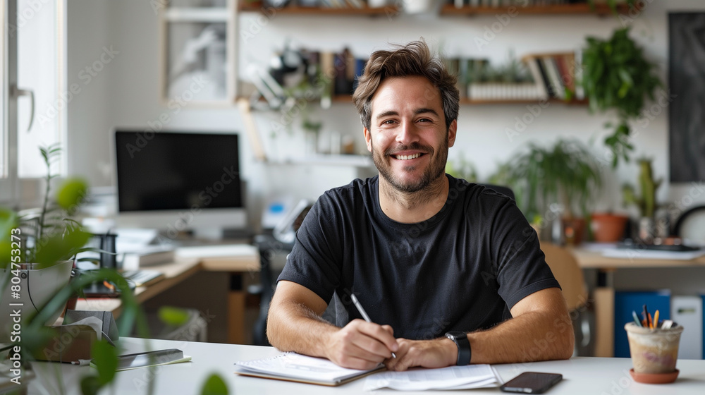 Smiling male architect working in a modern, plant-filled office space, showcasing creativity and professionalism in a casual environment. Smiling male architect working in a modern, plant-filled office space, showcasing creativity and professionalism in a casual environment.