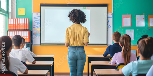 Rear view of a female teacher in a yellow blouse teaching a diverse classroom of students  focused on a white interactive board.