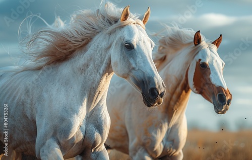 A photo of Arabian horses running together  a white and brown horse on the left side  in the style of photo realistic  with a blue sky background  