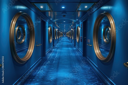 A photo of the corridor on a luxury cruise ship, with mirrors and blue carpet, taken in the style of Nikon d800 camera. --ar 3:2 --stylize 750 Job ID: 57880537-d4da-4cc9-8b85-678707f4d8d0 photo