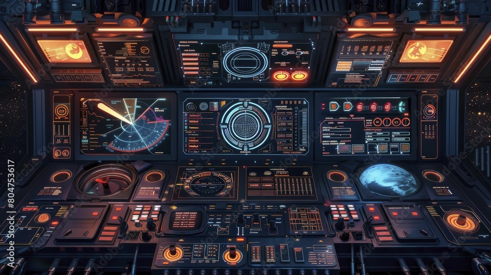 Obraz premium Spacecraft Control Panel in 3D Vector Style, illustrating advanced navigation systems and astro tech interfaces.