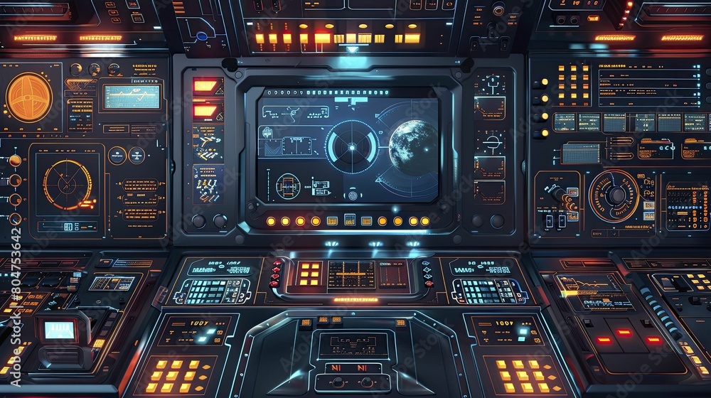 Explore a futuristic spacecraft interface featuring cutting-edge navigation systems and astro tech interfaces in stunning 3D vector style.