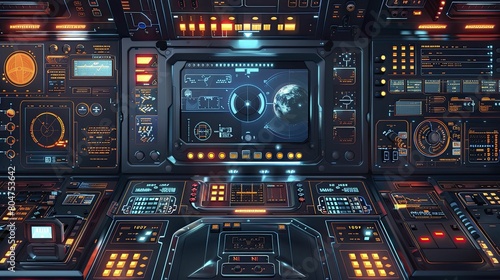Fototapeta Naklejka Na Ścianę i Meble -  Explore a futuristic spacecraft interface featuring cutting-edge navigation systems and astro tech interfaces in stunning 3D vector style.