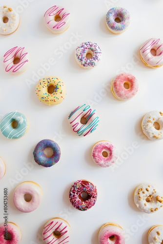 Commercial photography，White background, All kinds of doughnuts, 
