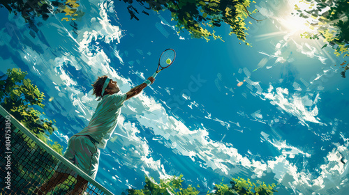 A tennis player serves an ace on a sunny day photo