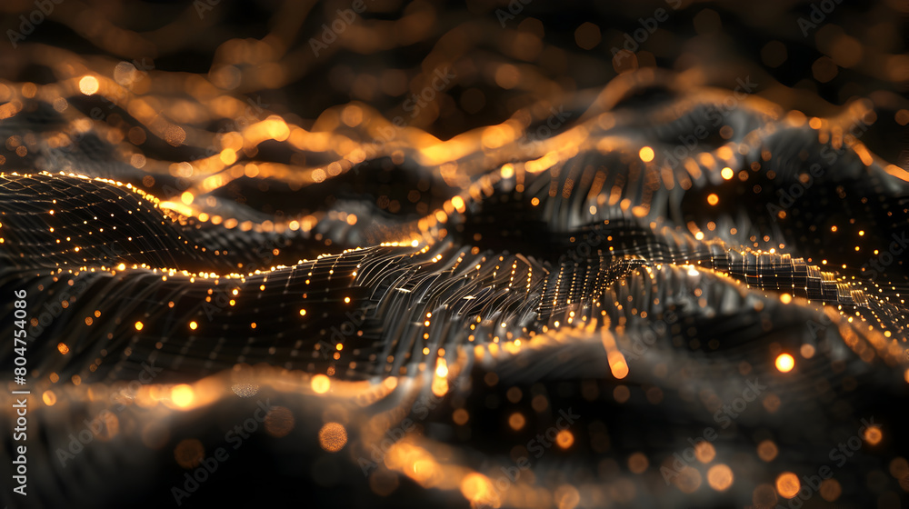 3d render of abstract digital wave with glowing particles. Futuristic wave with depth of field and bokeh effect.