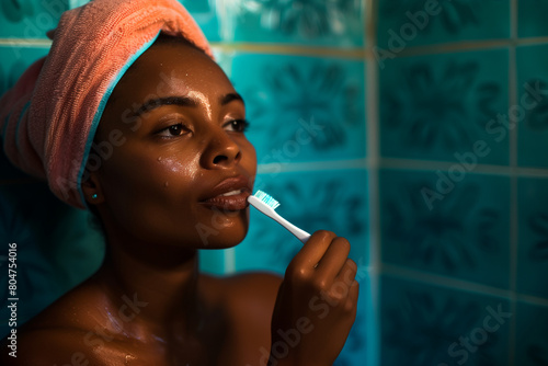 In her bathroom, dark-skinned woman gets ready for the starting day.