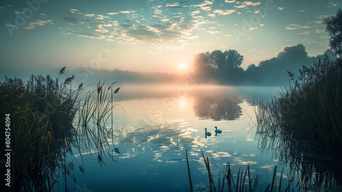 Morning silence: veil of mist over an idyllic lake photo