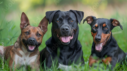 A heartwarming image featuring a trio of adorable dogs--a cute Rottweiler  a cute Pitbull  and a cute Doberman--showcasing their endearing personalities and irresistible charm