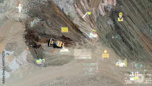 aerial view shot mining, dumpers, quarrying extractive industry stripping work. Big Mining Trucks. View from drone at opencast mining with lots of machinery trucks. High quality photo