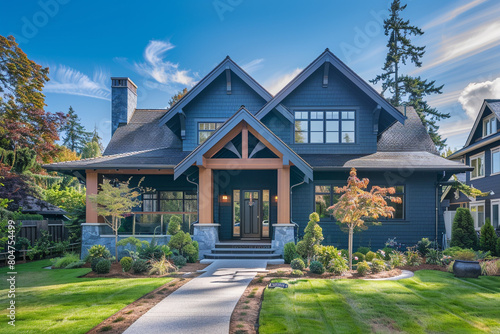 The elegant frontage of a rich indigo craftsman cottage style house, featuring a triple pitched roof, bespoke landscaping, a welcoming path, and unparalleled curb appeal, signifying refined taste. photo