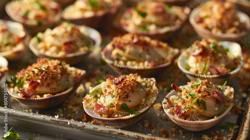 Clams casino topped with breadcrumbs, bacon, and Parmesan cheese on a tray.