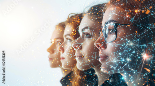 Digital evolution of human thought and innovation, Multiple exposure image blending a woman's profile with tech network graphics
