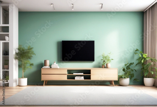  rendering 3d room living interior vintage minimalist wall green pastel flooring wood splay cabinet tv parquet apartment architecture bright comfort contemporary decor decoration 