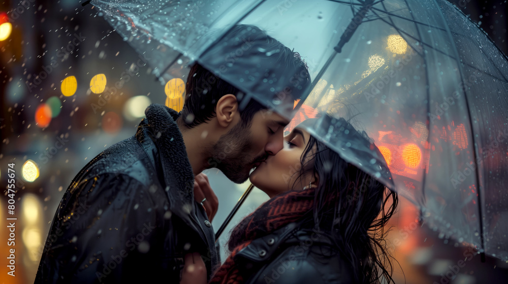 A couple sharing a passionate kiss in the rain, umbrellas forgotten as they savor the moment A couple sharing a passionate kiss in the rain, umbrellas forgotten as they savor the moment