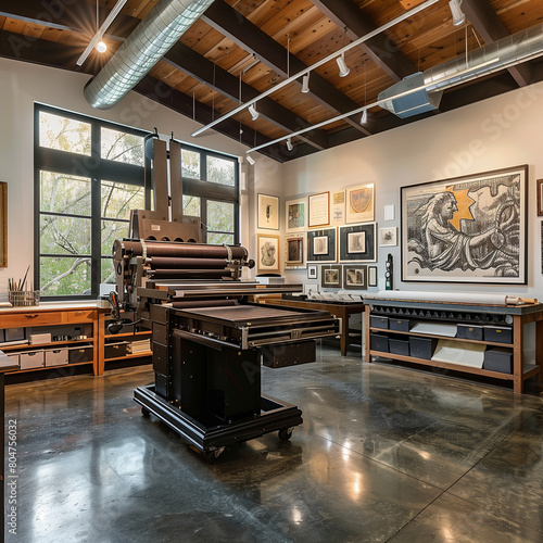A Traditional Printmaking Studio with Ink-Black Floors and Vintage Presses photo