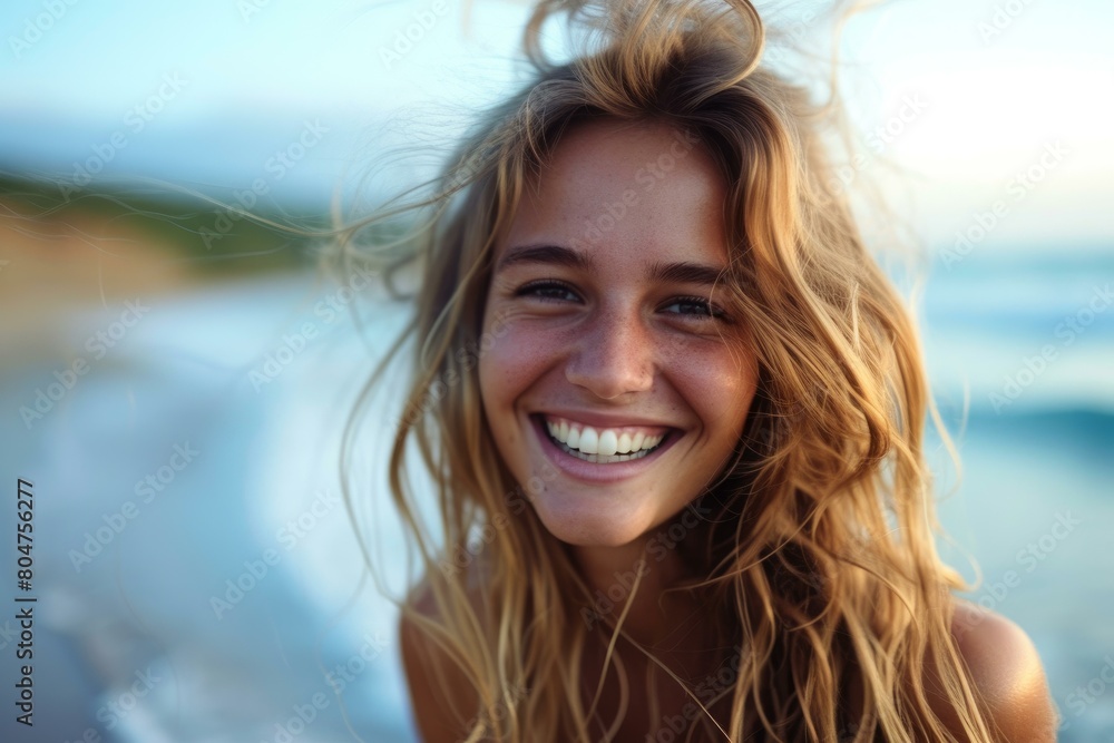 Serene Beach smiling woman. Vacation travel. Generate Ai Serene Beach smiling woman. Vacation travel. Generate Ai